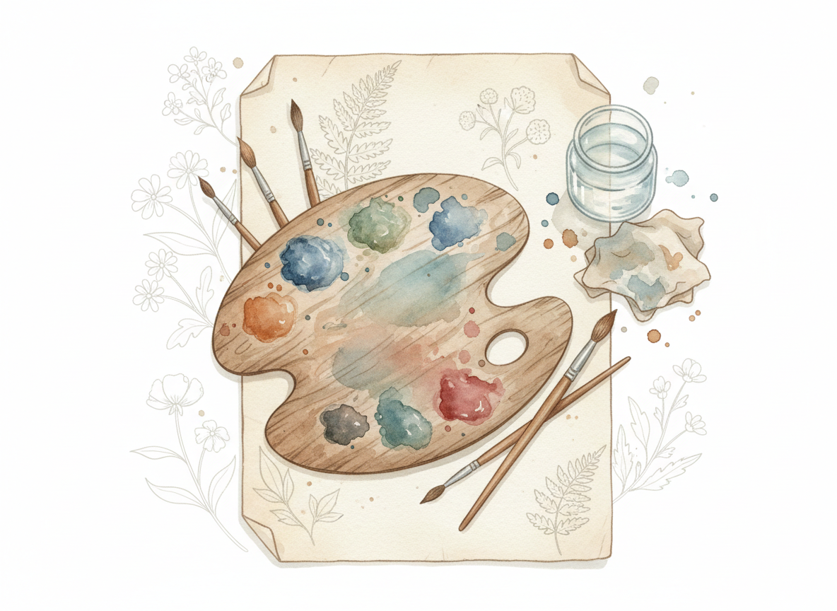 Watercolor illustration of an antique painter's palette and botanical sketches