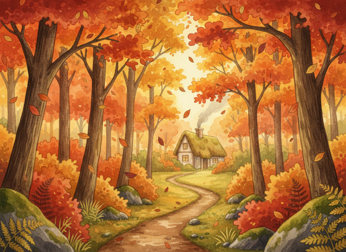 Watercolor illustration of a forest in autumn
