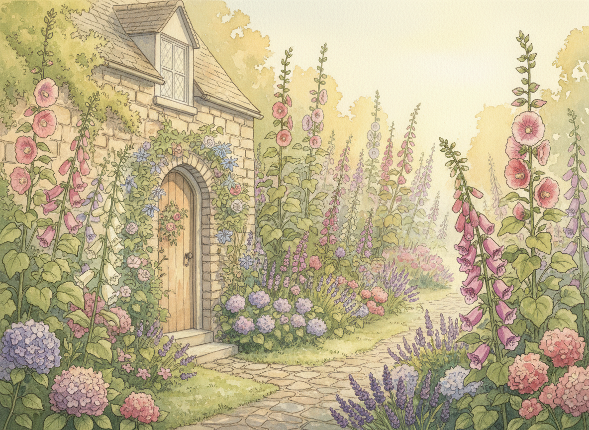 Watercolor illustration of hollyhocks against a cottage wall