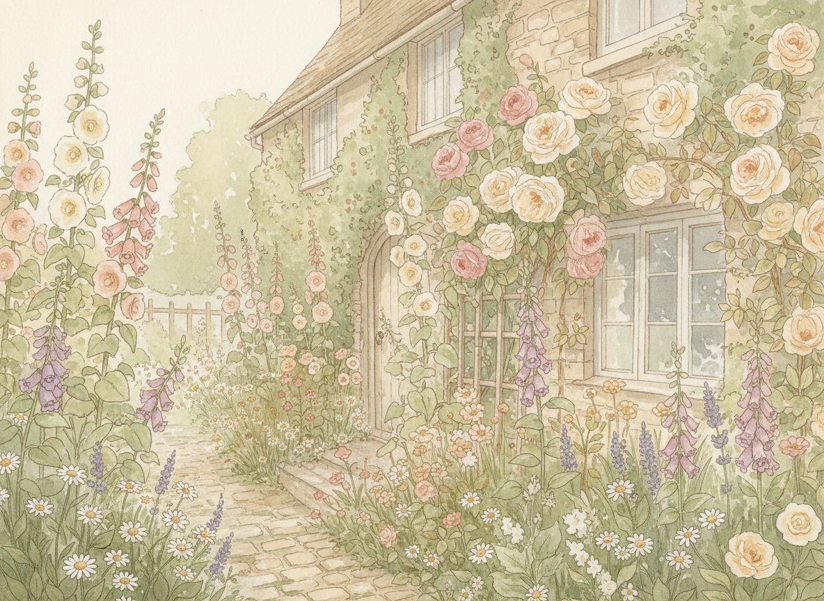 Watercolor illustration of an English cottage garden