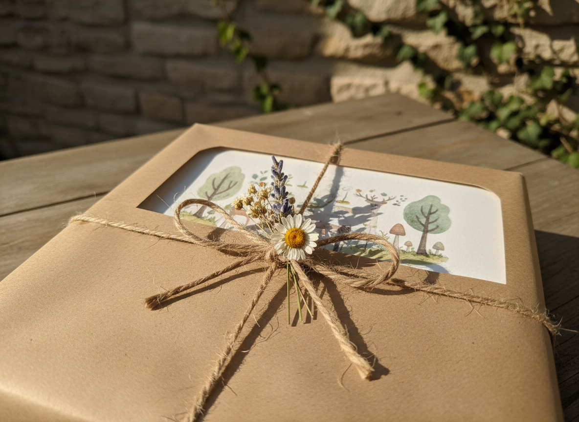 Wrapped gift with a framed watercolor print