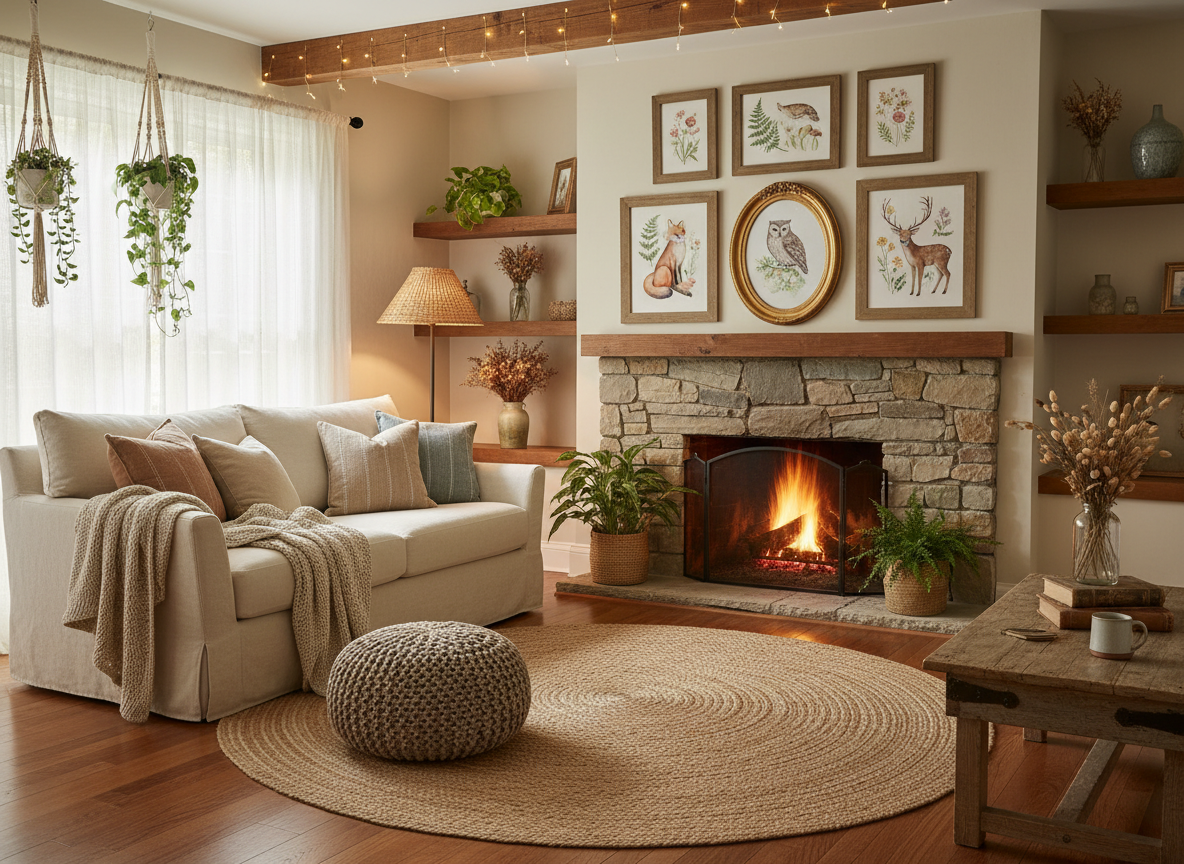 Cottagecore living room gallery wall of framed prints