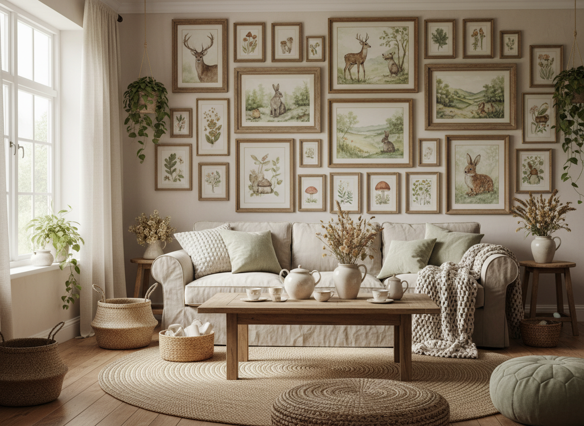 Cottagecore living room with a full gallery wall of prints