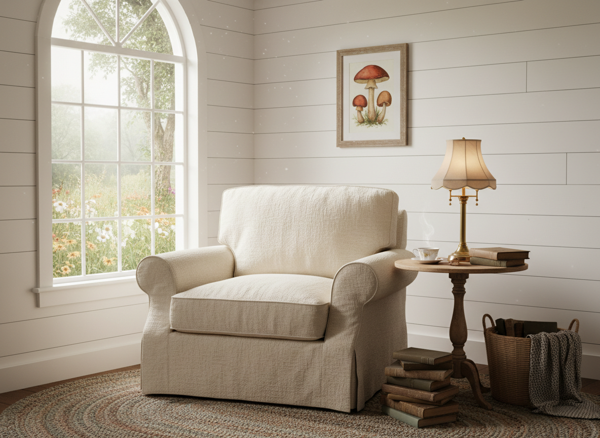 Cottagecore reading nook with framed mushroom print