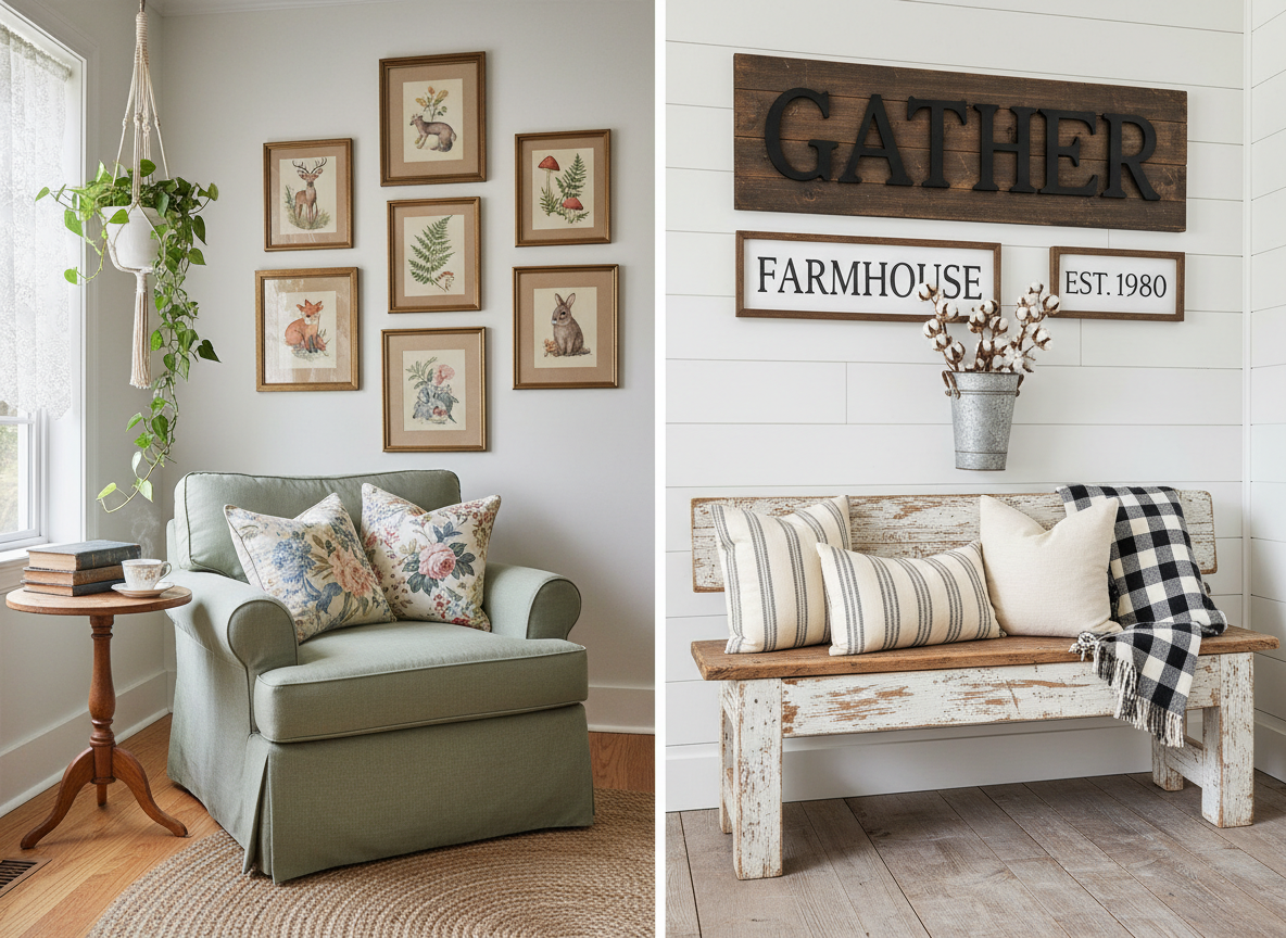 Comparison of cottagecore and farmhouse interior styles