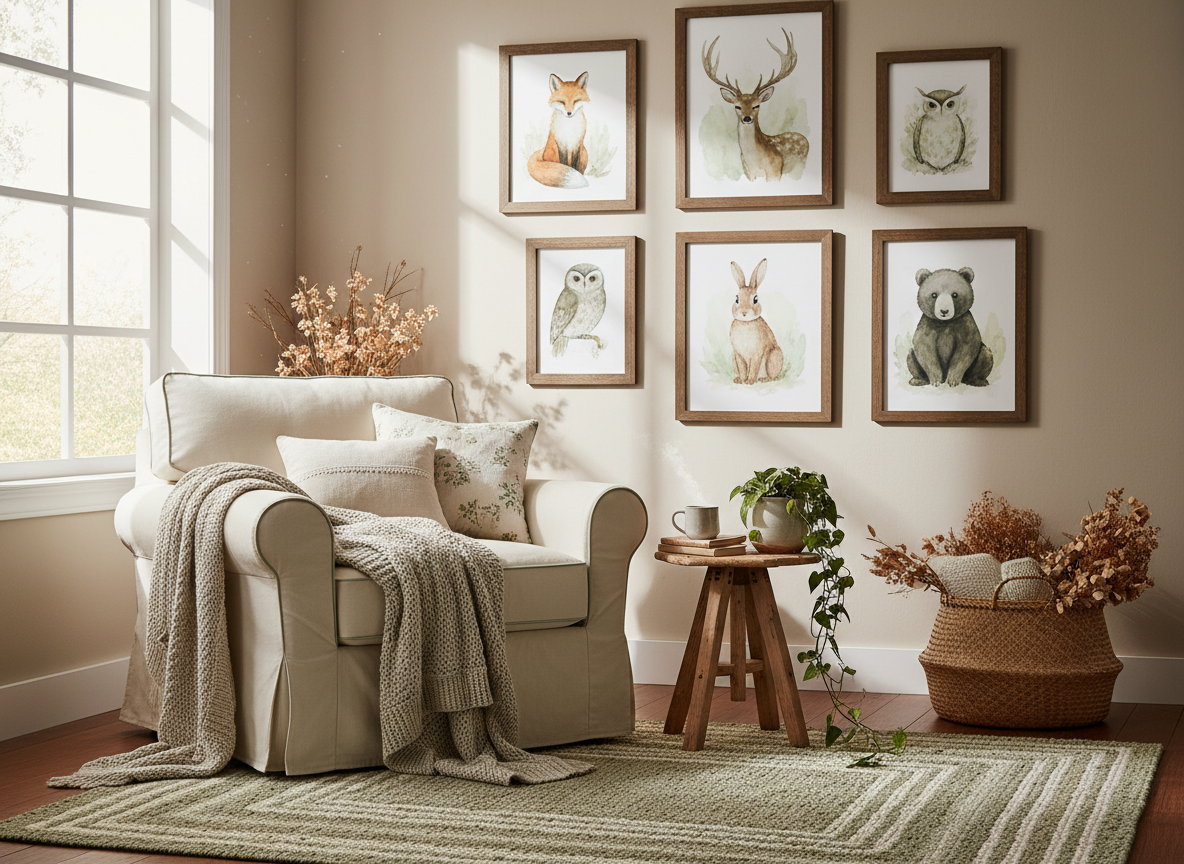 Cottagecore living room with framed watercolor wall art