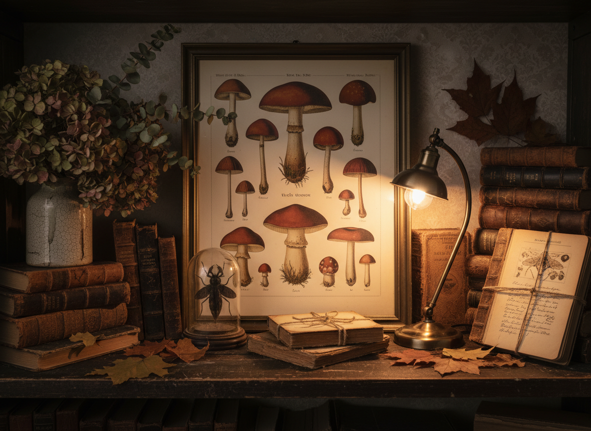 Dark academia shelf styling with a vintage mushroom print