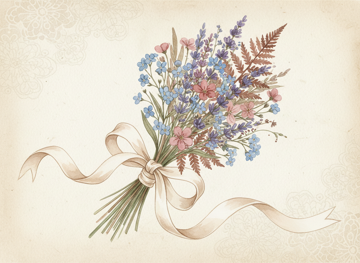 Watercolor illustration of dried wildflowers tied with ribbon