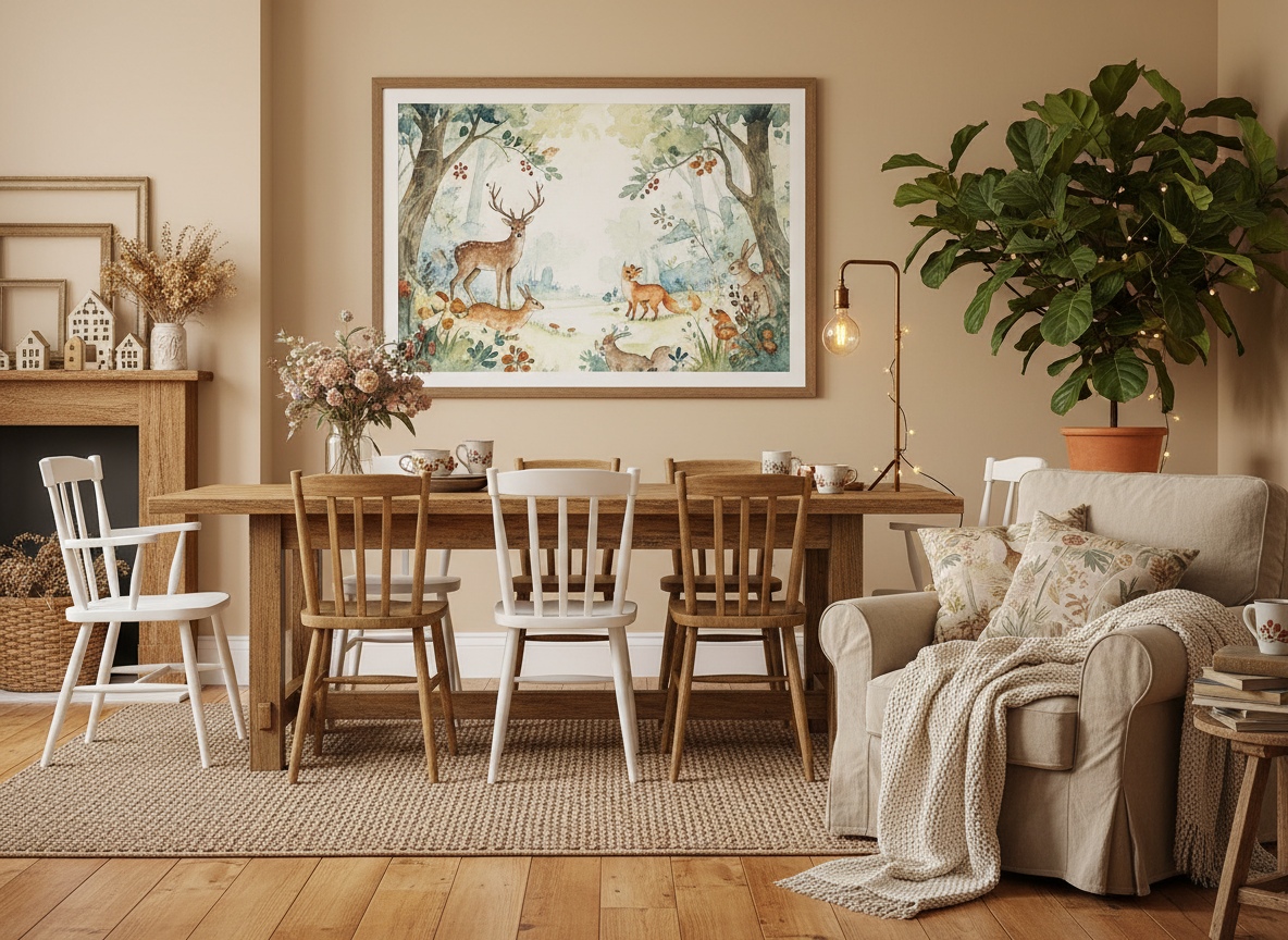 Interior blending farmhouse furniture with cottagecore wall art