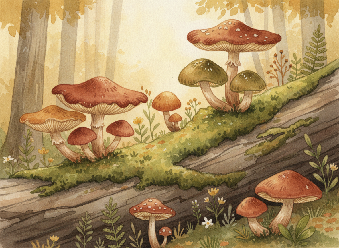 Watercolor illustration of wild mushrooms on a mossy log