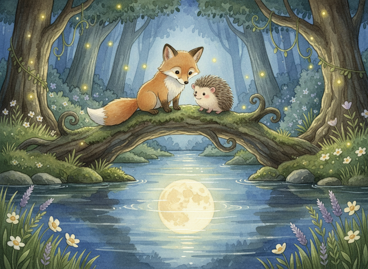 Watercolor illustration of a fox and hedgehog by a moonlit river