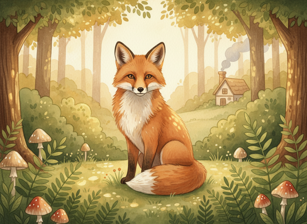 Watercolor illustration of a red fox in a forest clearing