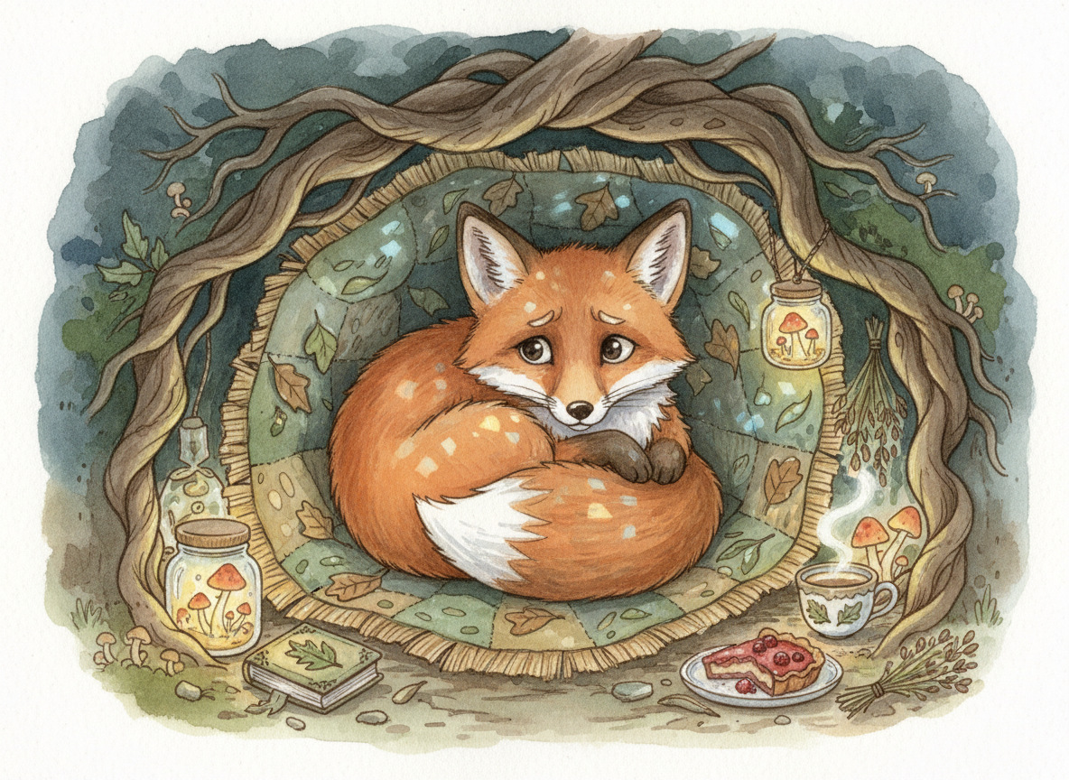 Watercolor illustration of a fox in its den at night