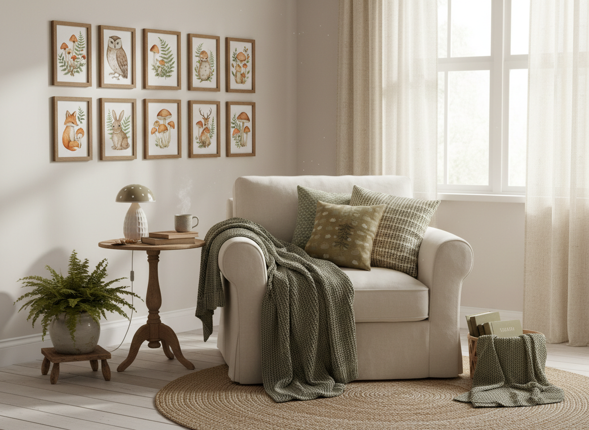 Gallery wall of framed woodland watercolor prints