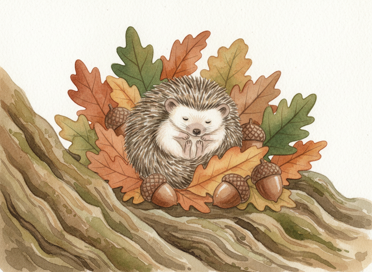 Watercolor illustration of a hedgehog among autumn leaves