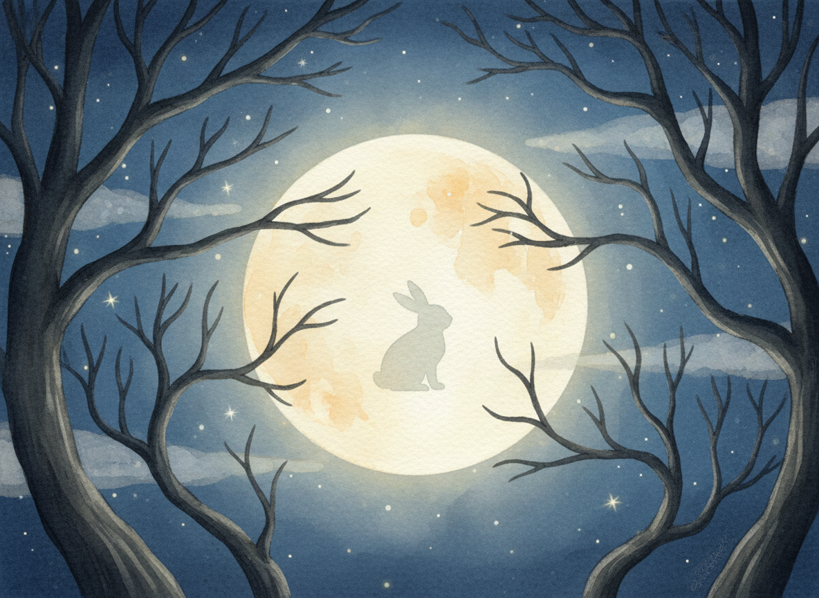 Watercolor illustration of a moon with a rabbit silhouette