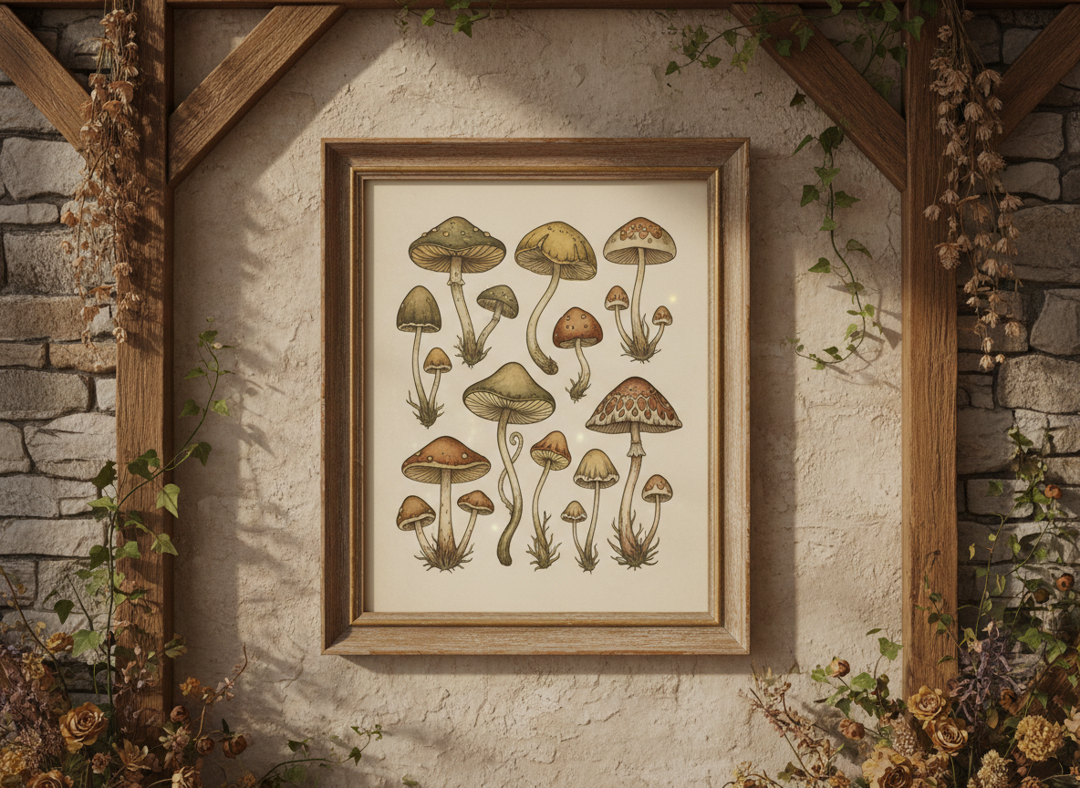 Framed vintage-style mushroom botanical illustration