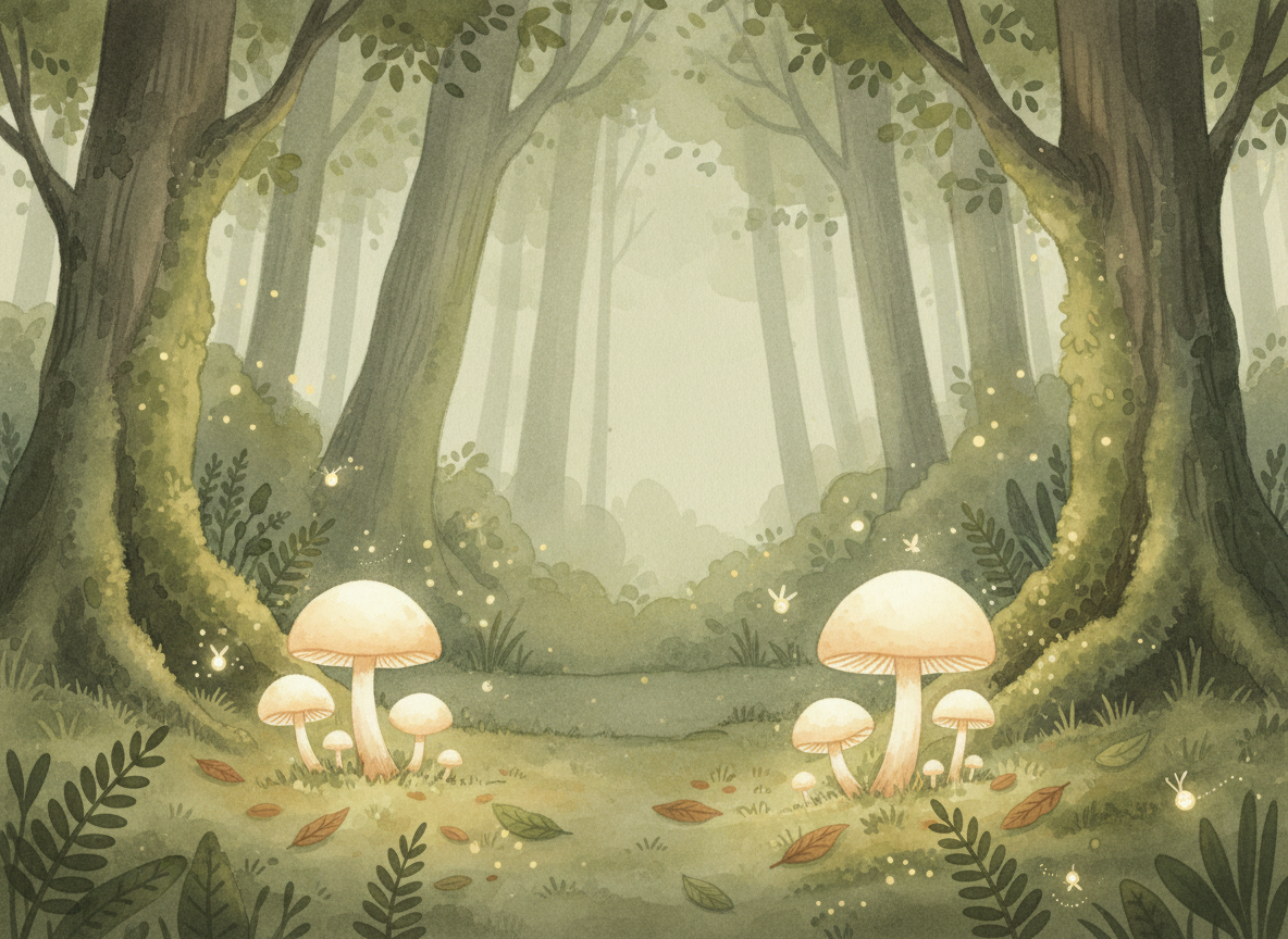 Watercolor illustration of a fairy ring of mushrooms
