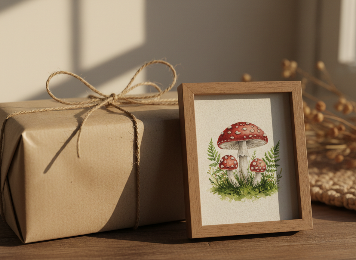 Wrapped gift box beside a framed mushroom print