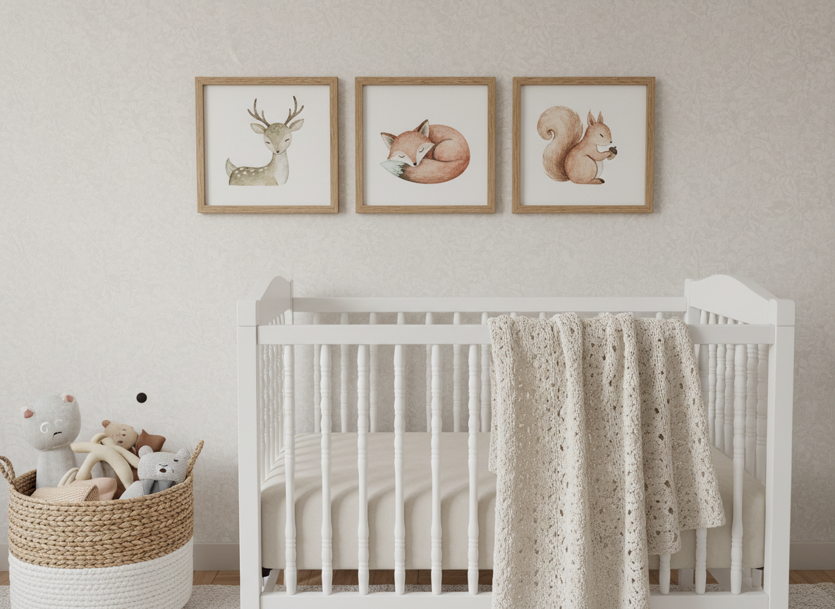 Close-up of a nursery gallery wall with framed animal prints