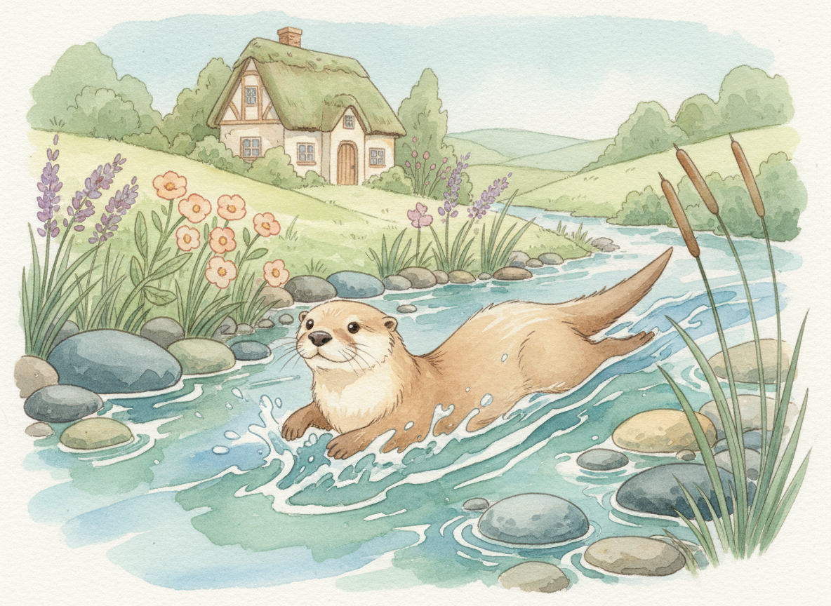Watercolor illustration of a river otter swimming