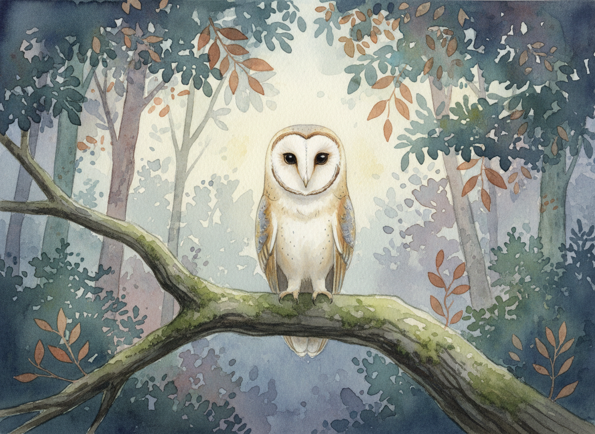 Watercolor illustration of an owl perched at night