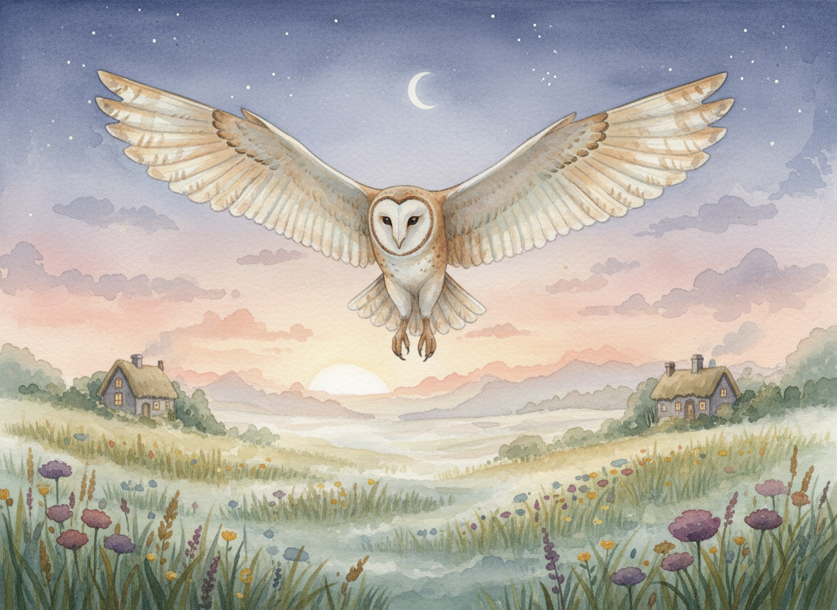 Watercolor illustration of an owl in flight at dusk