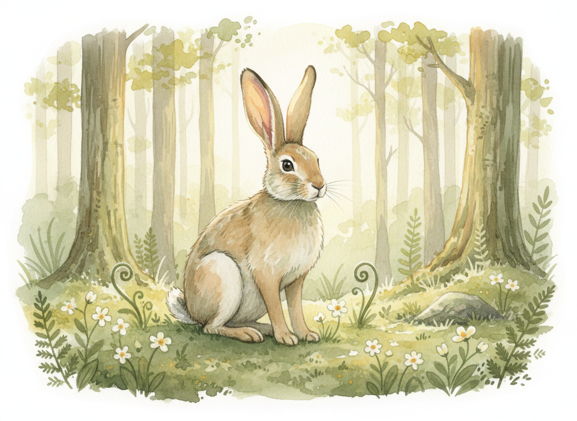 Watercolor illustration of a rabbit in a forest clearing