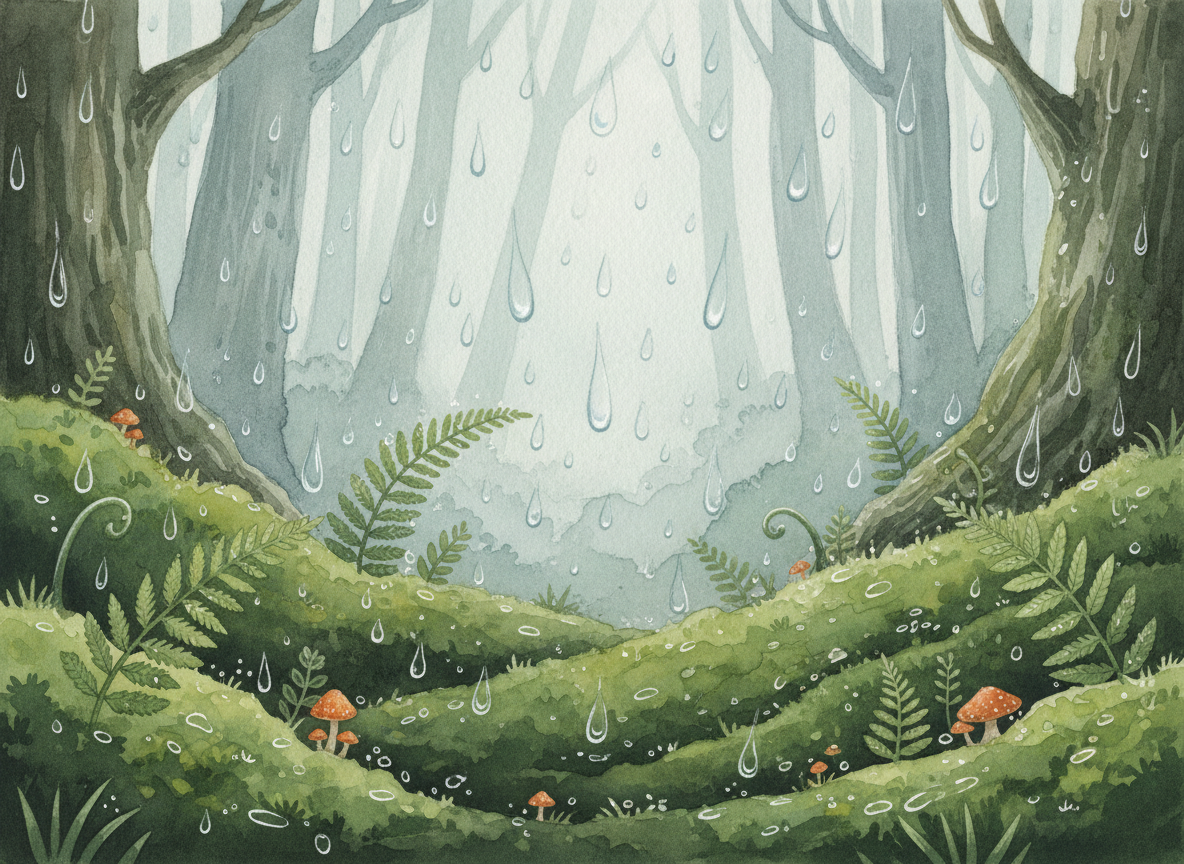 Watercolor illustration of rain falling on a mossy forest floor
