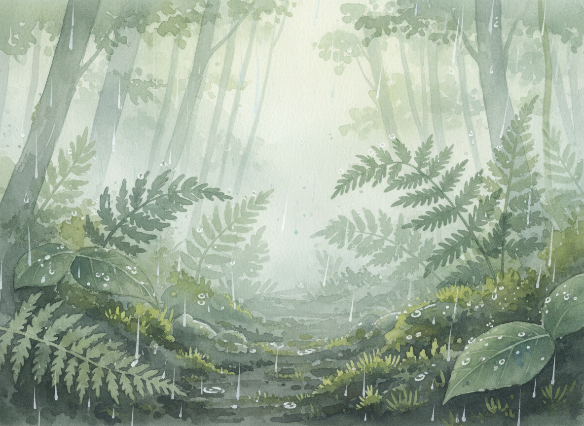 Watercolor illustration of rain falling on a forest floor
