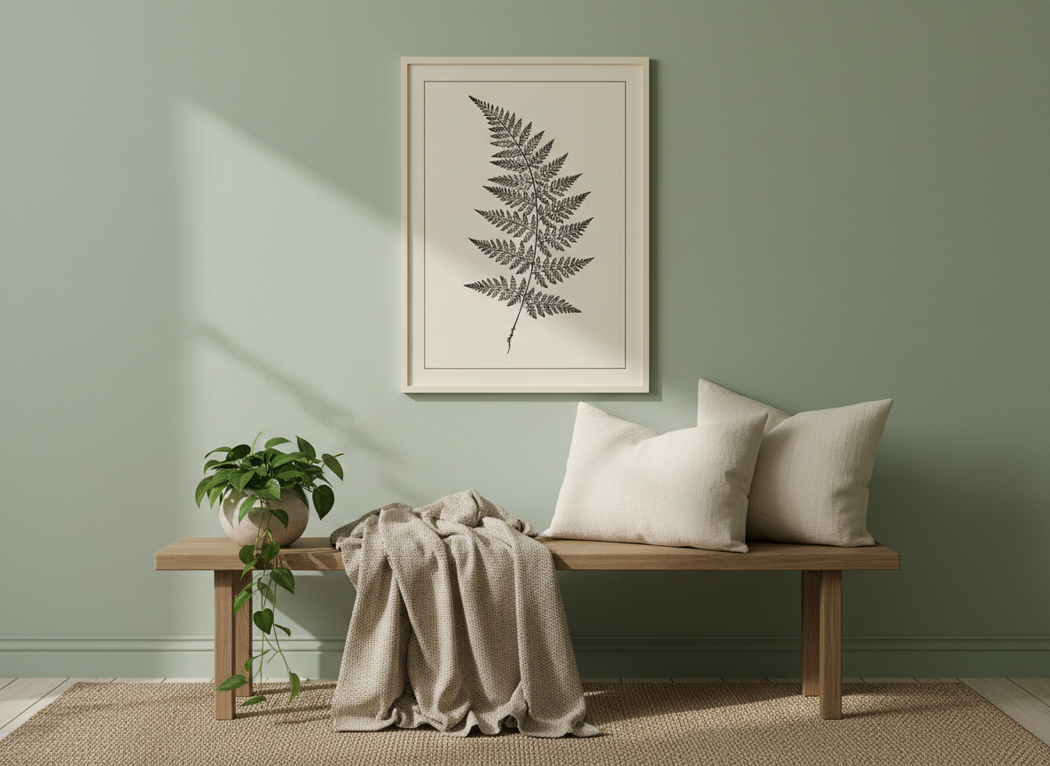 Sage green interior wall with botanical print