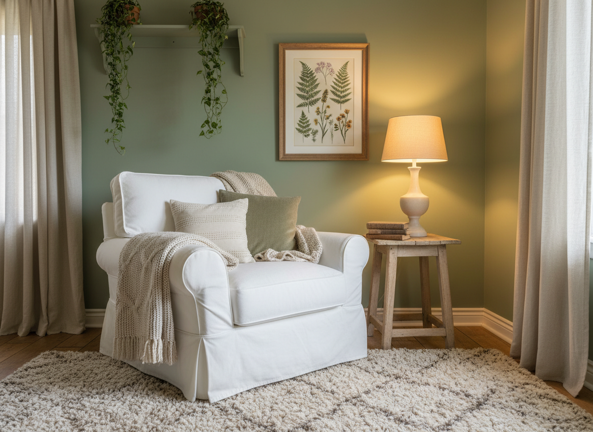 Cozy sage green reading nook with framed botanical print