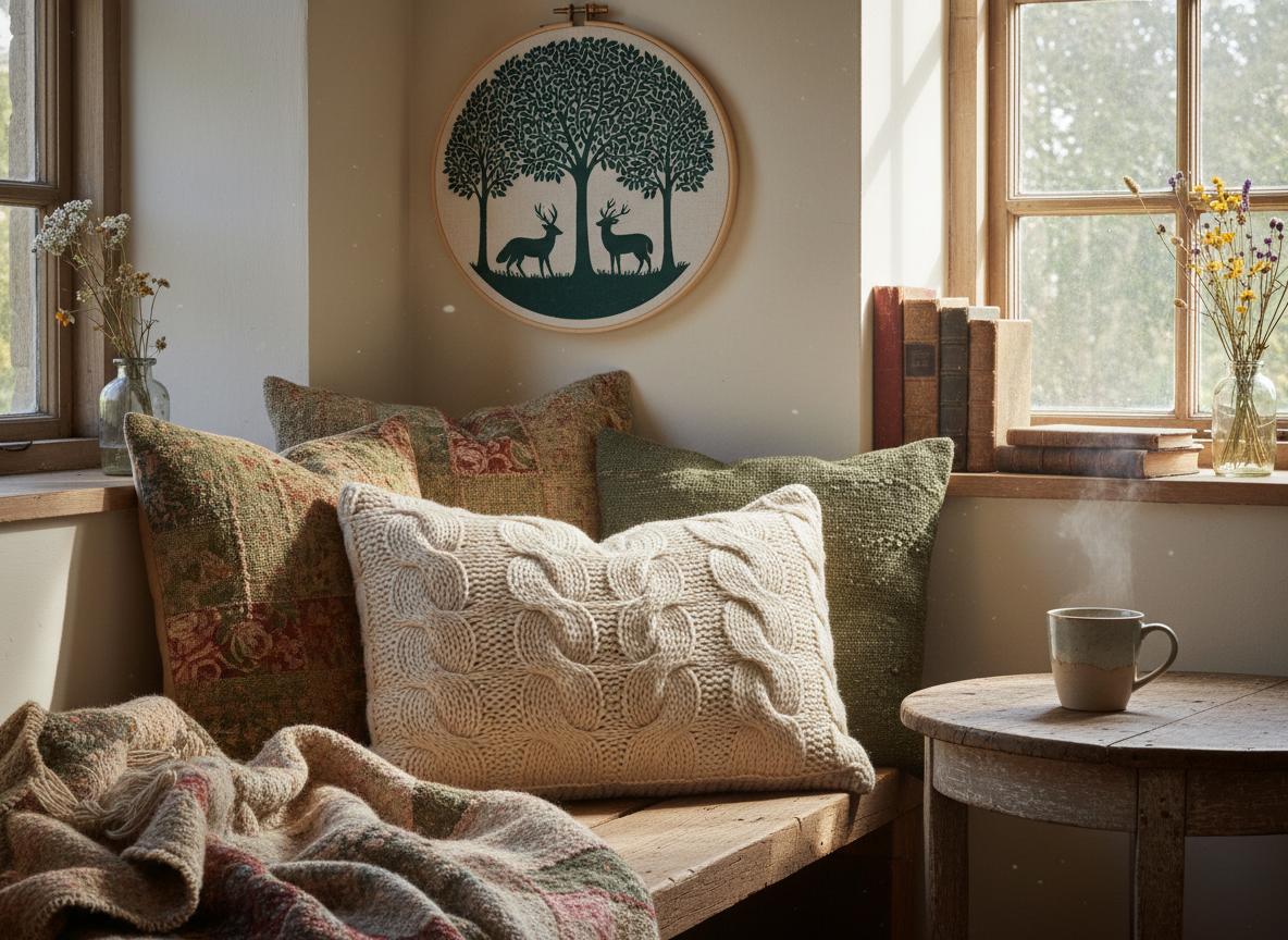Small window-corner reading nook with a hoop-framed print