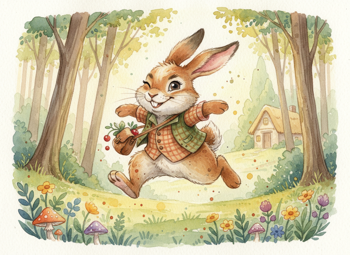 Watercolor illustration of a clever rabbit hopping through the forest