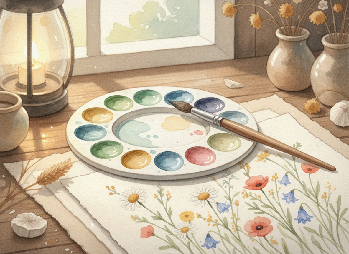 Watercolor illustration of a watercolor painting palette and botanical artwork