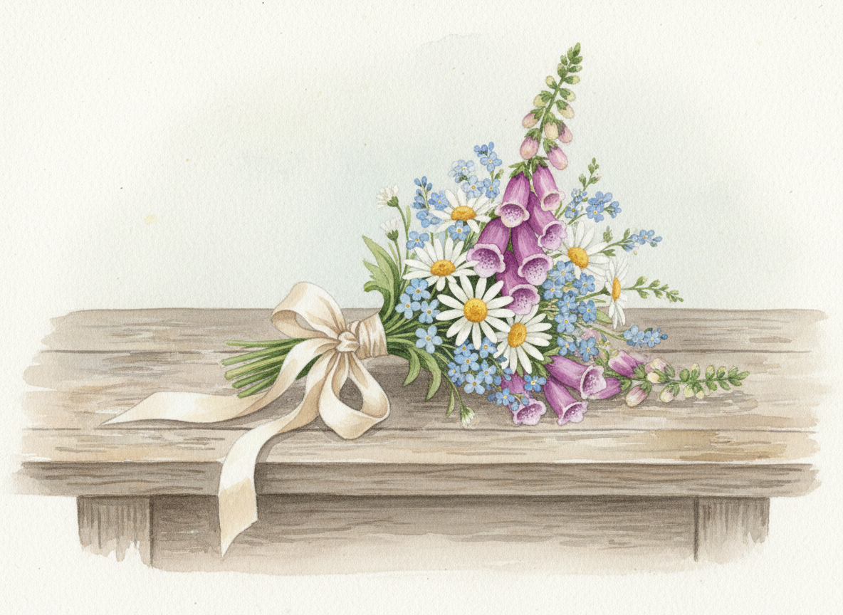 Watercolor illustration of a Victorian wildflower bouquet