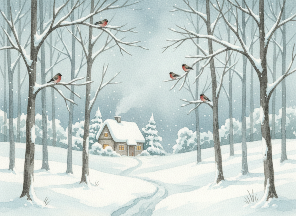 Watercolor illustration of a snowy winter forest