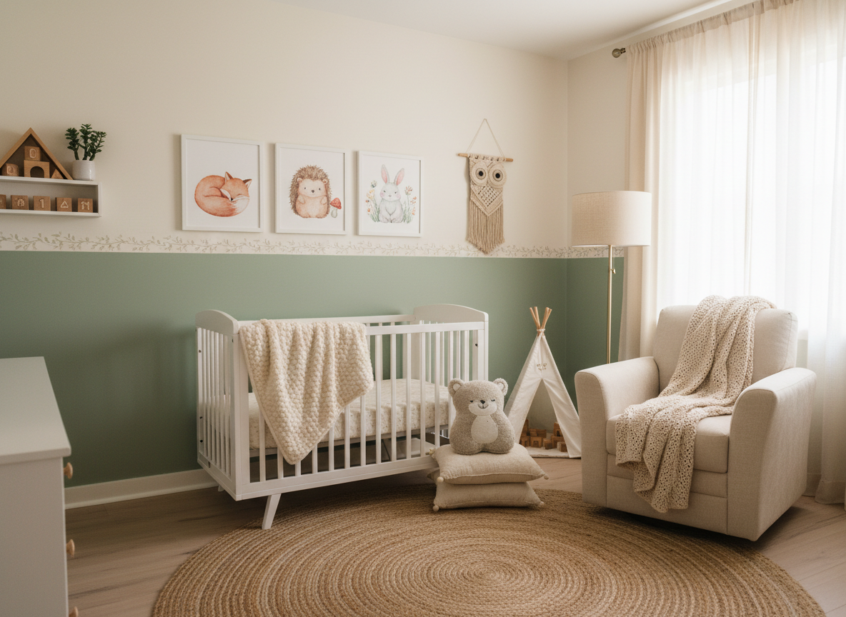 Woodland nursery with framed animal prints above the crib